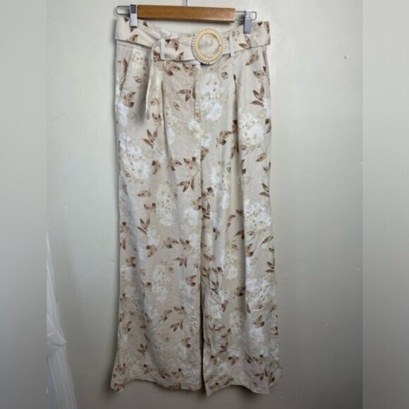 House of Harlow 1960 Pants - House of Harlow 1960 SAMINA neutral floral linen blend WIDE LEG BELTED PANT 2023